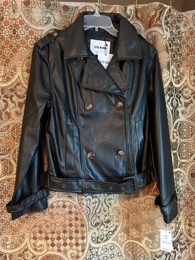 Steve Madden Black Faux-Leather Double-Breasted Belted Jacket